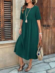 LUNE Vestido largo plisado de manga corta y cuello redondo de unicolor para mujer - Verde Oscuro - Ver 4
