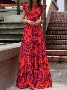 Vestido de noche estampado con mangas aladas y cintura alta primavera - Rojo - Ver 9