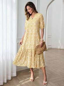 Summer Dress With All-Over Print, Notched Collar And Puff Sleeves, Bohemian Style For Vacation - Yellow - View 3