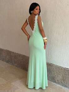 1 pieza Vestido de fiesta elegante de unicolor, tela de punto con cremallera y adorno de encaje, adecuado para citas en verano - verde menta - Ver 6