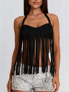 Womens Fringe Halter Crop Top Sleeveless Backless Faux Suede Tube Top Y2K Cowboy Style Cami Top Casual Sexy Going Out Party Top For Summer - 黑色 - 查看 1