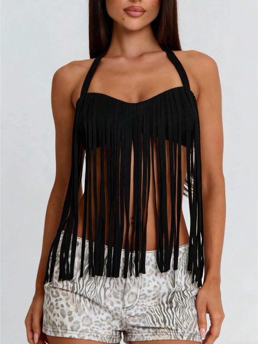 Womens Fringe Halter Crop Top Sleeveless Backless Faux Suede Tube Top Y2K Cowboy Style Cami Top Casual Sexy Going Out Party Top For Summer - 黑色 - 查看 1