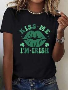 100% Pure Cotton Women's Fashionable Sports T-Shirt With "I'm Irish" And Four-Leaf Clover Print, Round Neck, Short Sleeve, Comfortable, Sports T-Shirt For St. Patrick's Day, Commemorative St. Patrick's Day T-Shirt - 黑色 - 查看 1