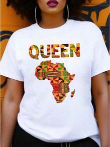 1 pieza de camiseta para mujer con diseño de reina africana y patrón Kente - Estampado de letras "QUEEN" en negrita con un vibrante diseño de mapa africano, camiseta casual de manga corta y cuello redondo, adecuada para usar en primavera y verano, lavable a máquina, ajuste cómodo, 180g de algodón 100%. - Negro - Ver 8