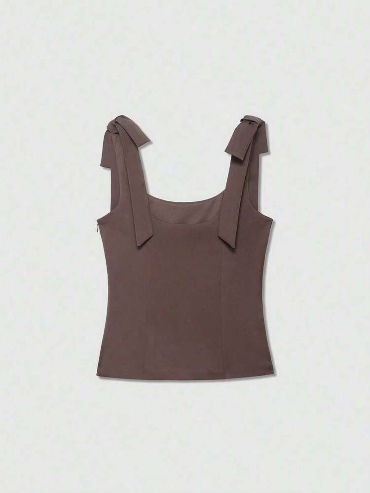 Blusa sin mangas de unicolor con decoración de lazo para verano - Marrón - Añade 2