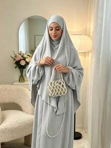 3件組 Khimar+Abaya 柔軟穆斯林祈禱服裝，長款 Abaya 配搭同色系頭巾，休閒外出必備時尚單品 (頭巾+洋裝+腰帶) 祈禱吉爾巴布 - 彩色 - 查看 5