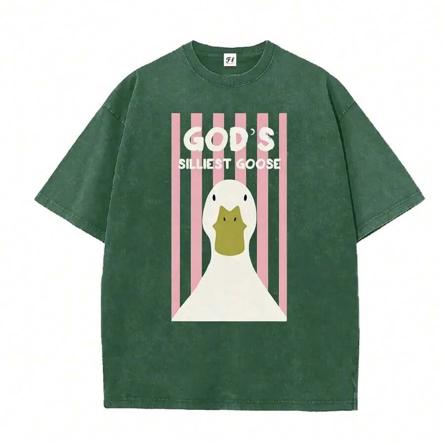 Camiseta Cristiana Retro Lavada "El Ganso Más Tonto de Dios", Camiseta Divertida con Gráfico de Pato, Transpirable - Verde - Ver 1