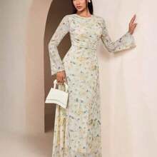 guangzhougaolangshangmao  Vestido elegante de mujer con cuello redondo, mangas acampanadas y plisado en estilo tie-dye - amarillo ganso - Ver 1