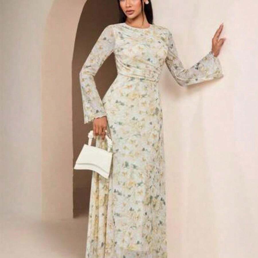 guangzhougaolangshangmao Vestido elegante de mujer con cuello redondo, mangas acampanadas y plisado en estilo tie-dye - amarillo ganso - Ver 1