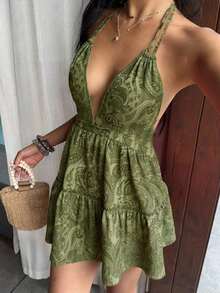 Vestido bohemio con estampado, sin espalda, con tirantes de lazo y moño, para uso casual, vacaciones y uso diario, primavera/verano para mujer - Verde - Ver 5