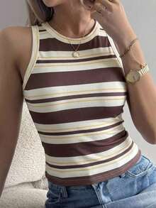 Camiseta de tirantes ajustada de unicolor para mujer, uso diario minimalista y casual - Marrón 2 - Ver 2
