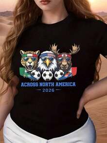 Camiseta Casual con Estampado Gráfico para Mujer, Equipo de Fútbol Animal en Norteamérica, Ropa de Verano 2026 para Aficionados al Deporte e Ideas de Regalo, Camiseta de Talla Grande para Mujer, Camiseta de la Copa Mundial 2026 - Negro - Ver 6