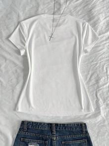 Camiseta casual de mujer de manga corta, cuello redondo, de unicolor y ajustada - Multicolor - Ver 2