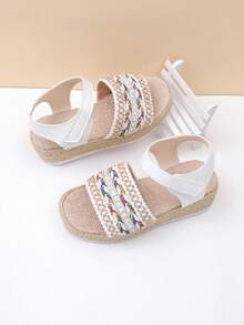 Sandals đế bánh mì dệt kim loại vàng cho bé gái, quai cổ chân đính đá charm, chống trượt, giày mùa hè thường ngày cho trẻ em - Màu be - Xem 5