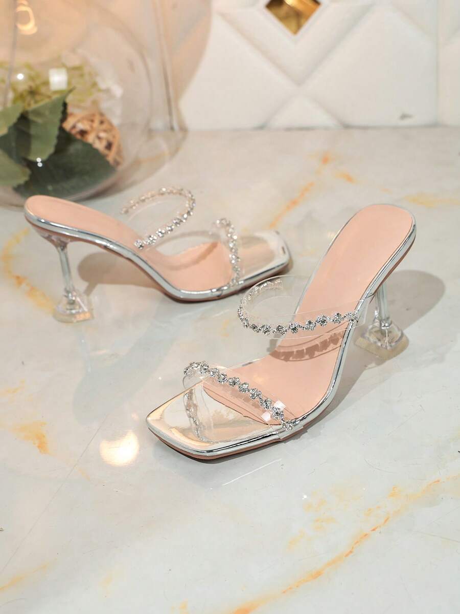 2026 New Silver Transparent PVC Crystal Wedge Mule Sandals, Square Toe Party Wedding Date High Heels - Silver - View 1