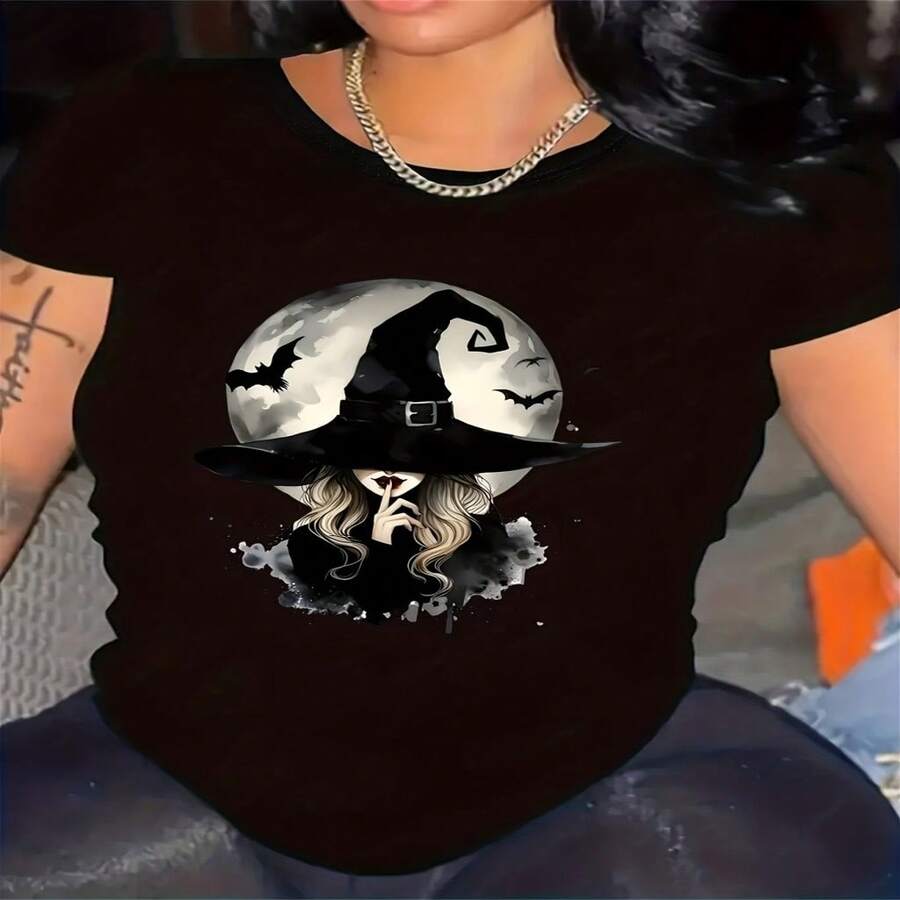 1 camiseta unisex de manga corta casual, estampado de sombrero de bruja negro y murciélagos, tela suave y transpirable, lavable a máquina, atuendo casual versátil, regalo perfecto de Halloween para mujeres y adolescentes, Hallow S-XXXL - Negro - Ver 1