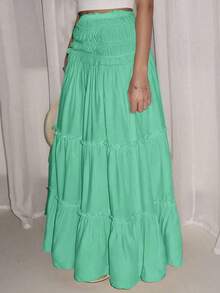 Falda larga con estampado floral y volantes, estilo versátil para vacaciones - verde menta - Ver 7