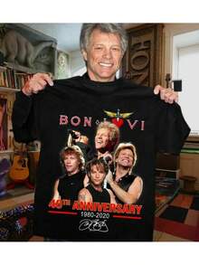 Camiseta gráfica de la edición del 40 aniversario de Jon Bon Jovi - Esta camiseta de 1980 celebra la banda con su famoso logo e imágenes de todos los miembros.Es unisex, de corte ajustado, lo que la convierte en un regalo ideal para fans de la música rock y entusiastas. - Negro - Ver 2
