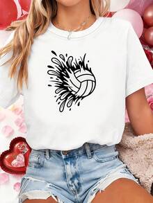 Camiseta de talla grande con estampado gráfico inspirado en voleibol de playa y voleibol acuático, camiseta blanca de manga corta y cuello redondo estampada - Lavable a máquina, adecuada para primavera, verano y otoño, estilo casual, ajuste cómodo, diseño de moda, versátil para uso diario, tela - Negro - Ver 6