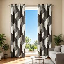 Lightweight, Semi-Sheer Curtains With A Linen Texture And Floral Print, Softly Filtering Light, 2-Piece Set For Bedroom And Living Room - Hitam - View 3