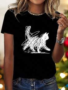 New Short Sleeve Crew Neck T-Shirt, Hand-Painted Cat Pattern, Soft And Lively Print, Stylish And Elegant, Y2K Style, Women's Casual Sports T-Shirt, No V-Neck, Sizes S-XXL - 黑色 - 查看 6