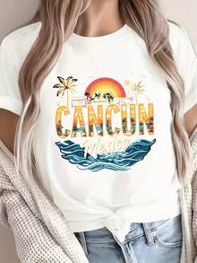 Women's Soft Cotton T-Shirt - Cancun, Mexico Vacation Theme With Palm Trees And Waves Design - Lightweight T-Shirt For Everyday Wear, Summer, Beach, Party, Travel, Souvenir - Machine Washable, Casual Top, Sunset Design, Comfortable Fit, Beach Souvenir T-Shirt, Casual Blouse - 白色 - 查看 7