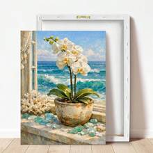 1pc Canvas Wall Art, Framed Wall Decor, Seaside White Orchid, Seaside Cottage Orchid & Teal Waves Art Print, Vintage Windowsill Orchid With Sea Glass & Coral, Nautical Style White Orchid Seascape Wall Art, Bright Summer Beach Decor - Multicolor - View 4