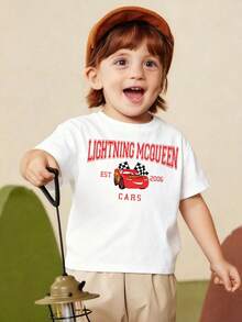 Summer Boys' Lightning McQueen T-Shirt - Boys' Disney *Cars* Printed Tee - Casual Pure Cotton Top With Double-Sided Front And Back Print - trắng - Xem 2