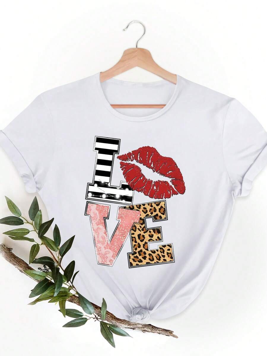 Women's T-Shirt, LOVE Letter Design For Valentine's Day, Black Stripes, Red Lips, Pink Leopard Print, Slim Fit, Fashionable, Stretchy, Elegant, Loose, Ideal For Gift, Soft, Machine Washable, Cute, Sporty, Round Neck, Short Sleeve, 100% Pure Cotton. - 白色 - 查看 1