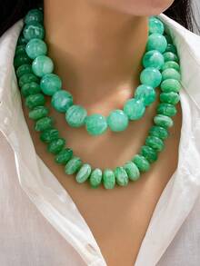1/2pcs Green Marble Pattern Beads Women's Exaggerated Necklace, Flat And Round Resin Beads Necklace, Chunky Collar Exaggerated Jewelry - Multicolor - View 10