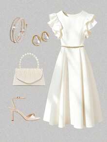 Vestido de línea A con decoración de cadena de perlas y mangas acampanadas, adecuado para salidas diarias, citas, fiestas, graduaciones, vacaciones y el Día de San Valentín - Burdeos - Ver 10