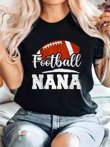Camiseta de algodón 100% con estampado gráfico de futbolista "Nana Football Player Game Day Mother's", camiseta casual de manga corta para mujer para primavera y verano, camisetas gráficas para mujer. - Negro - Ver 7