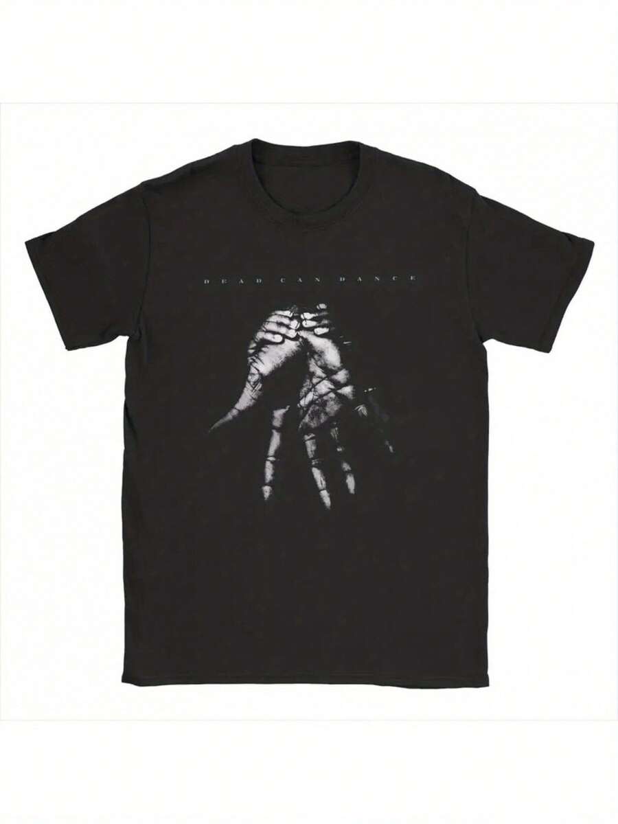 Camiseta retro de estilo americano para verano, con estampado divertido de la banda Dead Can Dance para hombre - estampado de mano de calavera gótica y logotipo DCD, camiseta de manga corta con cuello redondo, corte regular para comodidad en todas las estaciones, mercancía musical, adecuada para conciertos y uso casual, estilo bohemio. - Negro - Ver 1