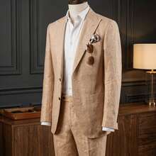 Linen Men'S Suit Set Casual Tuxedo 2pcs Regular Fit Blazer One-Button Solid Jacket And Pants For Prom Wedding Party - 卡其色 - 查看 1
