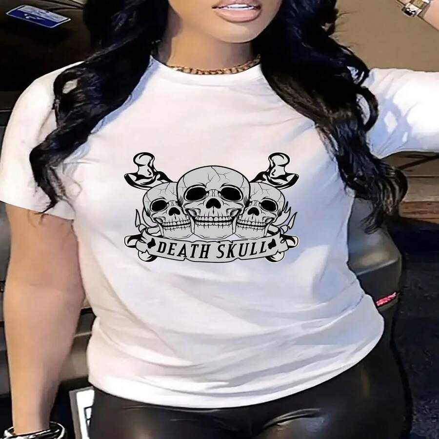 Camiseta informal de algodón de manga corta y cuello redondo para mujer con estampado de calavera. Corte regular. - Blanco - Ver 1