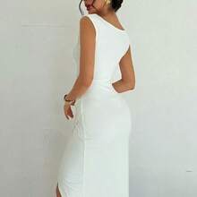 YijiaNvz  Vestidos midi para mujer, modestos, ropa de mujer para otoño, casual de negocios, estilo old money, atuendos de campo, blusas para salir, atuendo de viaje para el aeropuerto, de vuelta a la escuela, vestidos blancos, vestido asimétrico de unicolor con cuello plisado sin mangas y cintura esbelta de longitud media, vestido maxi blanco, atuendo de invitada de boda, cita de San Valentín, vacaciones, uso diario - Blanco - Ver 9