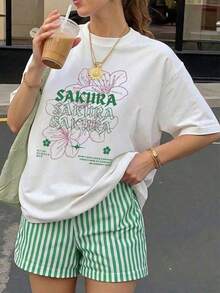 No es un conjunto, los pantalones son solo para referencia de combinación. Camiseta de manga corta con cuello redondo y estampado para mujer. Perfecto para citas, desplazamientos diarios y salidas informales. Diseño clásico minimalista de cuello redondo, fácil de combinar y adecuado para todas las formas corporales. - Blanco - Ver 1