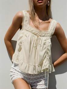Women's Coquette Cream Lace Trim Camisole Y2K Square Neck Ruffled Hem Drawstring Ruched Top For Summer - 象牙白 - 查看 2
