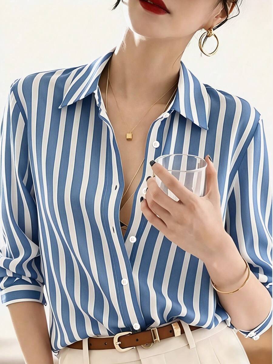 New Loose Long Sleeve Women Shirt, Solid Color Button-Up Blouse
