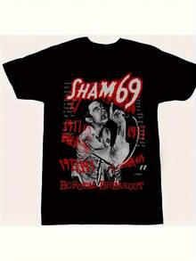 Camiseta gráfica para hombre de inspiración vintage de la banda The Clash y Sham 69 - Camiseta holgada de punk rock vintage, estampado musical llamativo en rojo y blanco, diseño de cuello redondo suave y cómodo, adecuada para conciertos y uso diario casual, para hombres de bandas de rock vintage - Negro - Ver 1