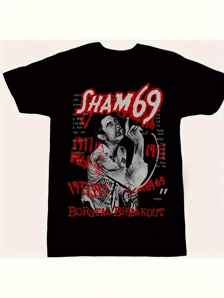 Camiseta gráfica para hombre de inspiración vintage de la banda The Clash y Sham 69 - Camiseta holgada de punk rock vintage, estampado musical llamativo en rojo y blanco, diseño de cuello redondo suave y cómodo, adecuada para conciertos y uso diario casual, para hombres de bandas de rock vintage - Negro - Ver 1