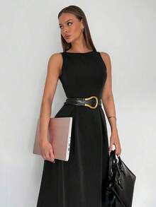 XHESiren Gaze Vestido midi con cintura alta, gris, sin mangas, corte evasé y bolsillos, conjunto de tono gris para mujerXHE - Negro - Ver 3