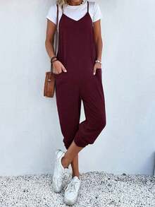 SUN - Shirtless Jumpsuit With Open Back And Double Pocket - 酒紅色 - 查看 7