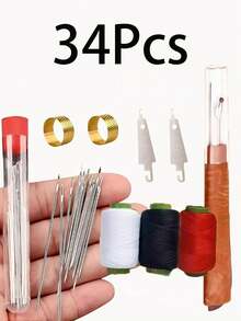 34/68pcs Large Eye Needle Threader Set, Traditional Steel Needles Suitable For Elderly, Hand Sewing Clothes And Quilts (Random Color Needle Box: Red Or Blue), Fine Needles For Hand Sewing, Clothes, Quilts, Embroidery - Multicolor - View 2