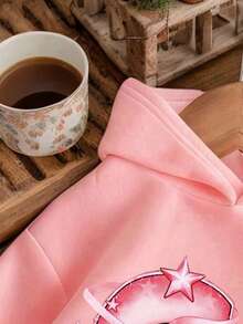 Tween Girl Cartoon Print Warm Hooded Sweatshirt - Pink - View 3