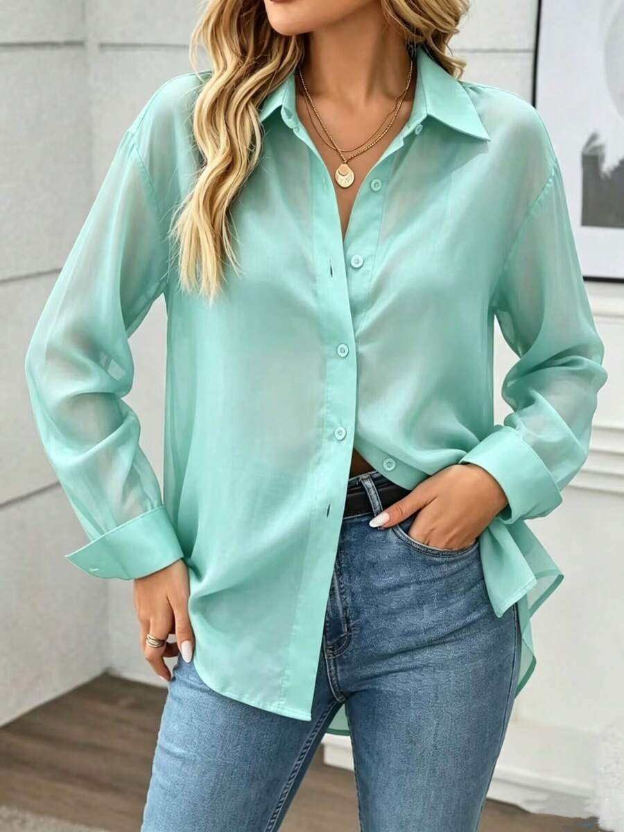 Women's Casual Versatile Solid Color Semi-Sheer Blouse - Light Green - View 1