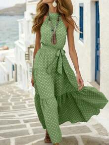 xheBreezaya Vestido largo con estampado de lunares, volantes en el bajo y cinturón para mujerxhe - Verde - Ver 6