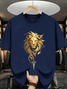 Camiseta de verano para hombre, estilo americano y moderno, estampado de cabeza de león dorada, manga corta, sensación premium moderna y llamativa, adaptada para uso diario casual/deportes al aire libre/fiestas/citas, regalo creativo asequible y sin colisión para novio - azul real - Ver 10