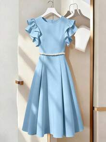 Vestido de línea A con decoración de cadena de perlas y mangas acampanadas, adecuado para salidas diarias, citas, fiestas, graduaciones, vacaciones y el Día de San Valentín - Azul - Ver 1