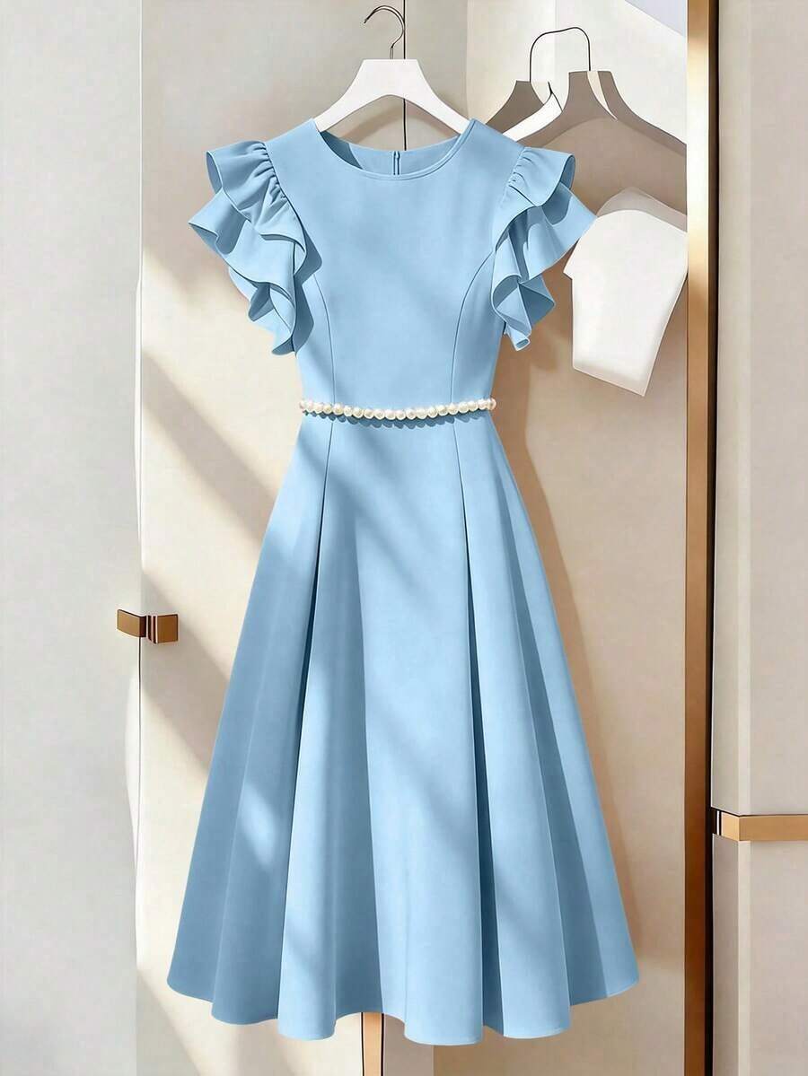 Vestido de línea A con decoración de cadena de perlas y mangas acampanadas, adecuado para salidas diarias, citas, fiestas, graduaciones, vacaciones y el Día de San Valentín - Azul - Ver 1